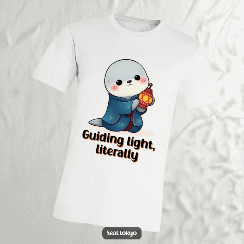 Funny elegant seal in a deep blue kimono holding a lit, ornate lantern on a t-shirt, symbolizing peaceful contemplation and stylish humor.