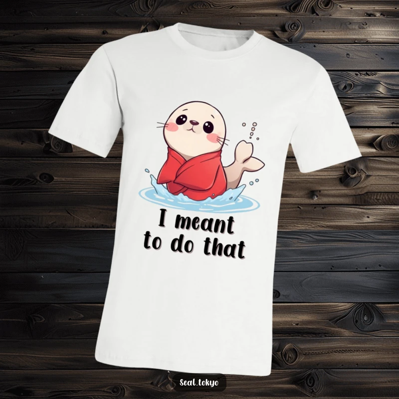 Funny surprised seal in a red kimono flinging water with its tail, printed on a t-shirt, highlighting an unexpected and amusing moment.