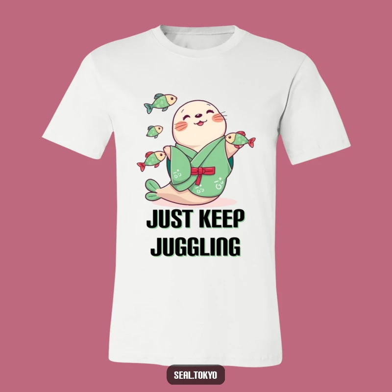Funny Seal Juggling Fish T-Shirt: Wear Your Humor in a Green Kimono