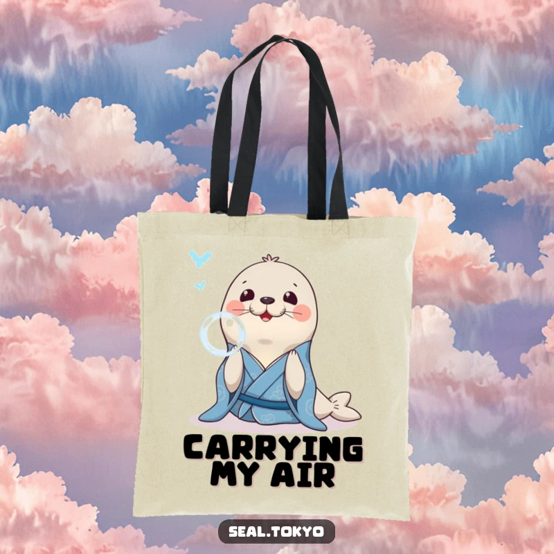 Funny Seal Tote Bag: A smiling seal in a blue kimono, gracefully blowing a bubble ring, wonderful for shoppers.