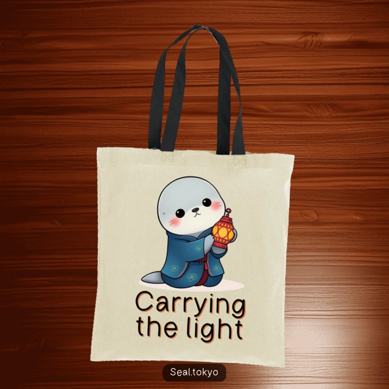 Funny elegant seal in a deep blue kimono holding a lit ornate lantern on a tote bag, perfect for carrying necessities with style.