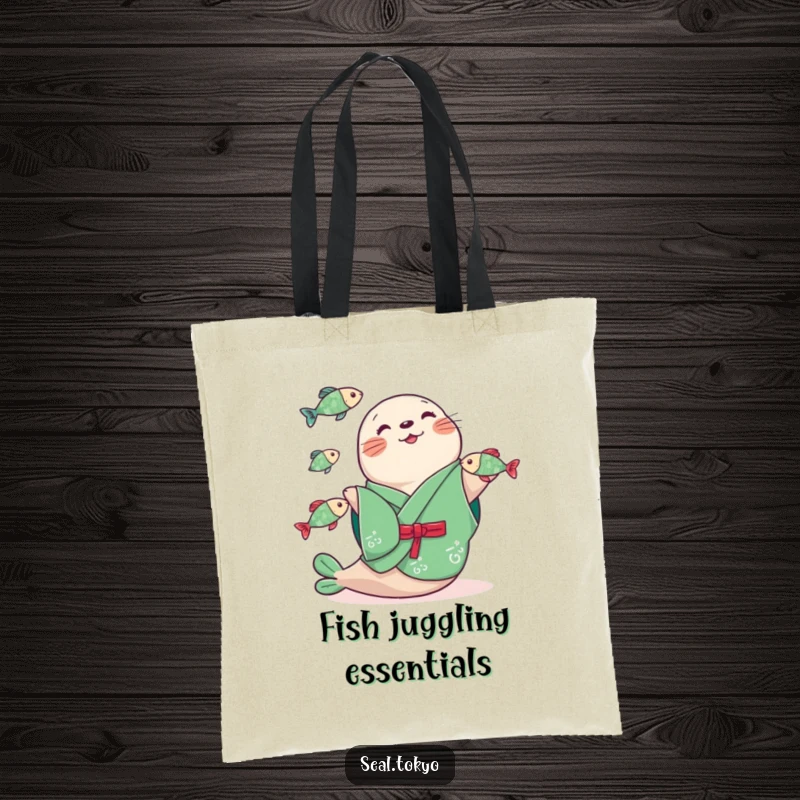Funny seal in a green kimono juggling three fish, featured on a durable tote bag, ready for shopping adventures and lighthearted looks.