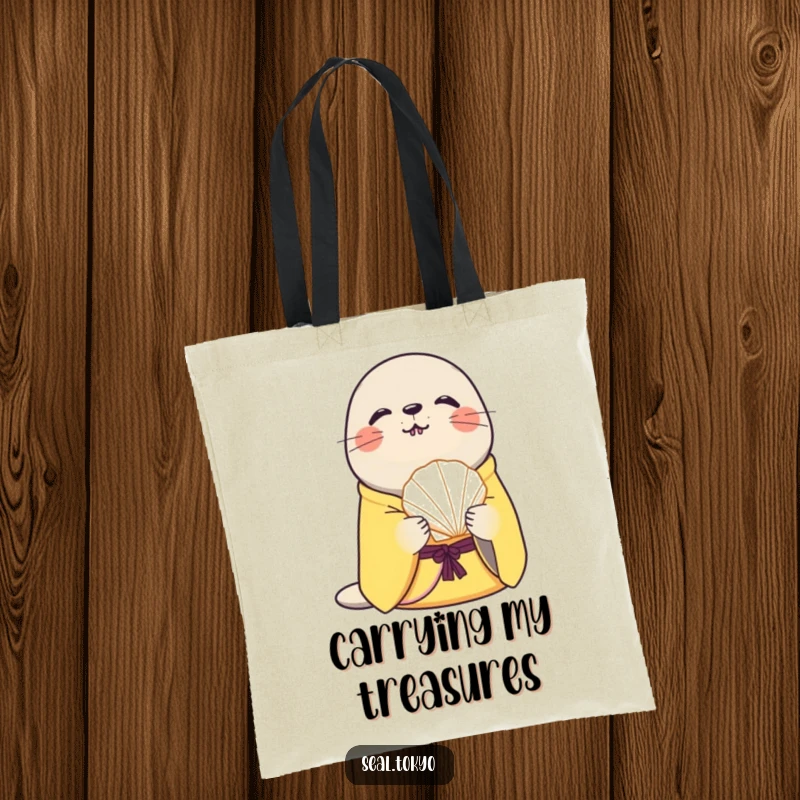 Funny curious seal in a yellow kimono offering a stylized seashell on a tote bag, perfect for carrying essentials with a touch of whim.