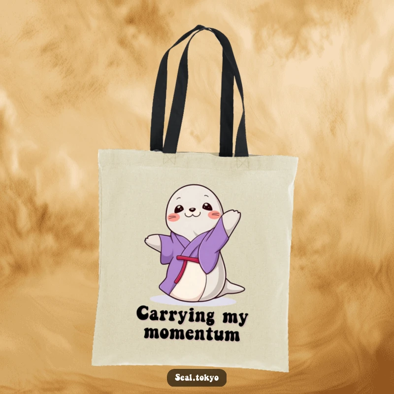 Funny Seal Tote Bag: A graceful cartoon seal in a purple kimono, doing a gentle, elegant spin, great for shoppers.