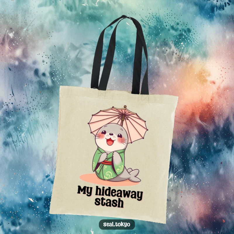 Funny Seal Tote Bag: A delighted cartoon seal in a green kimono, curiously peeking from behind a parasol, great for shoppers.