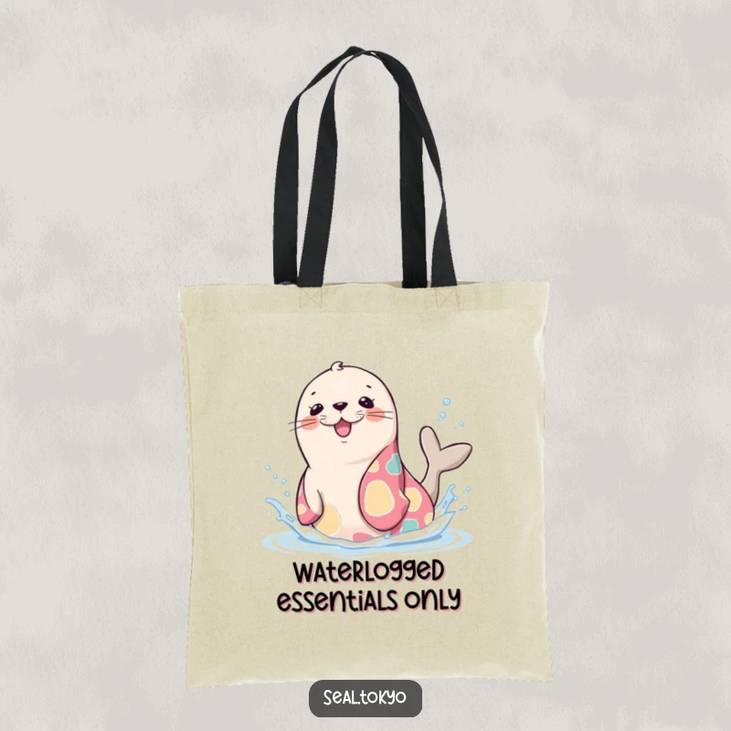 Funny Seal Tote Bag: A cute cartoon seal in a vibrant kimono, playfully splashing water, great for shopping.