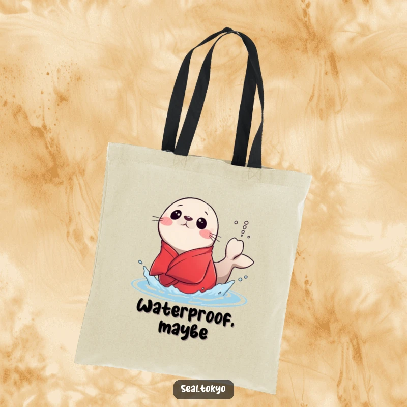 Funny surprised seal in a red kimono splashing water with its tail on a tote bag, perfect for carrying items with a humorous touch.